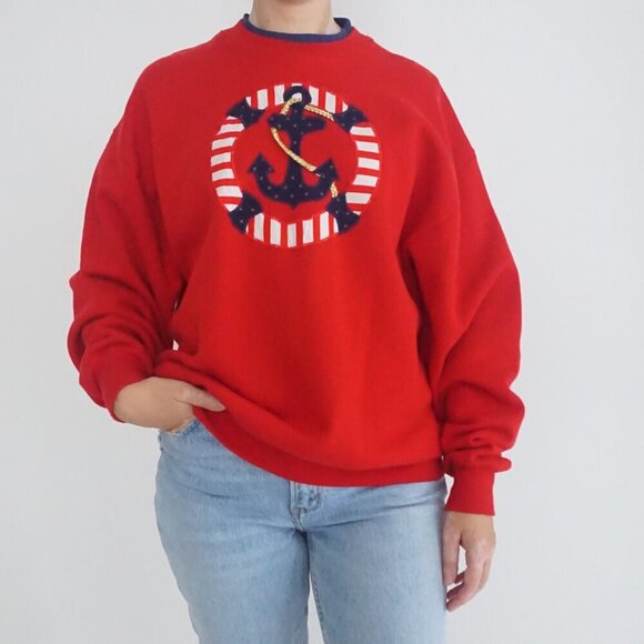 Vintage 90S Jerzees Red Blue Embroidered Nautical Crew Neck Sweater L - Picture 1 of 11